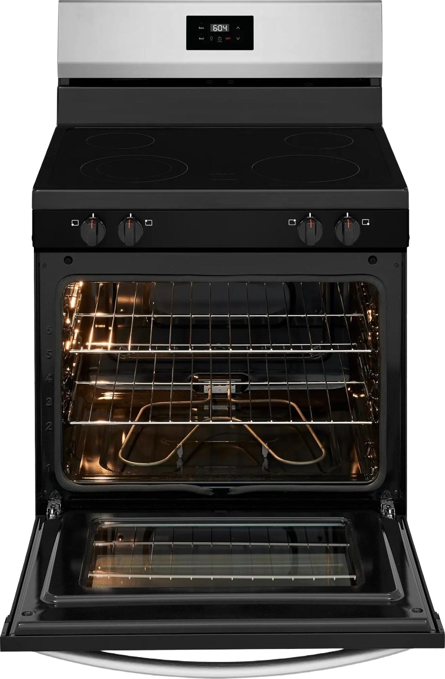 Front view of a stainless steel 30-inch rear control electric range with smooth glass cooktop and open oven interior, featured in Ranges and Kitchen & Kitchenware collections.
