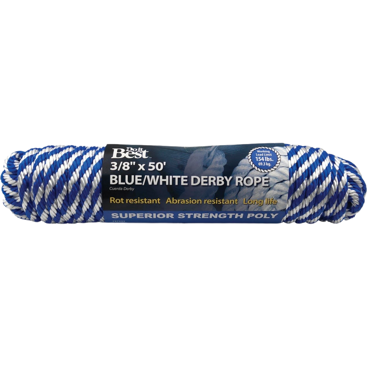 Blue and white twisted polypropylene rope, 3/8 inch by 50 feet, durable and abrasion resistant for home improvement tasks