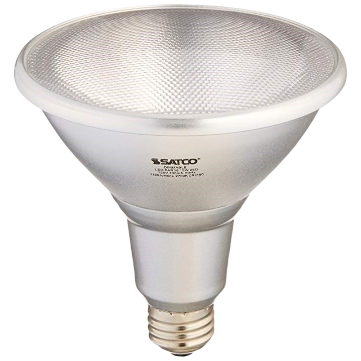 Silver LED flood light bulb with textured reflective surface designed for home improvement lighting use