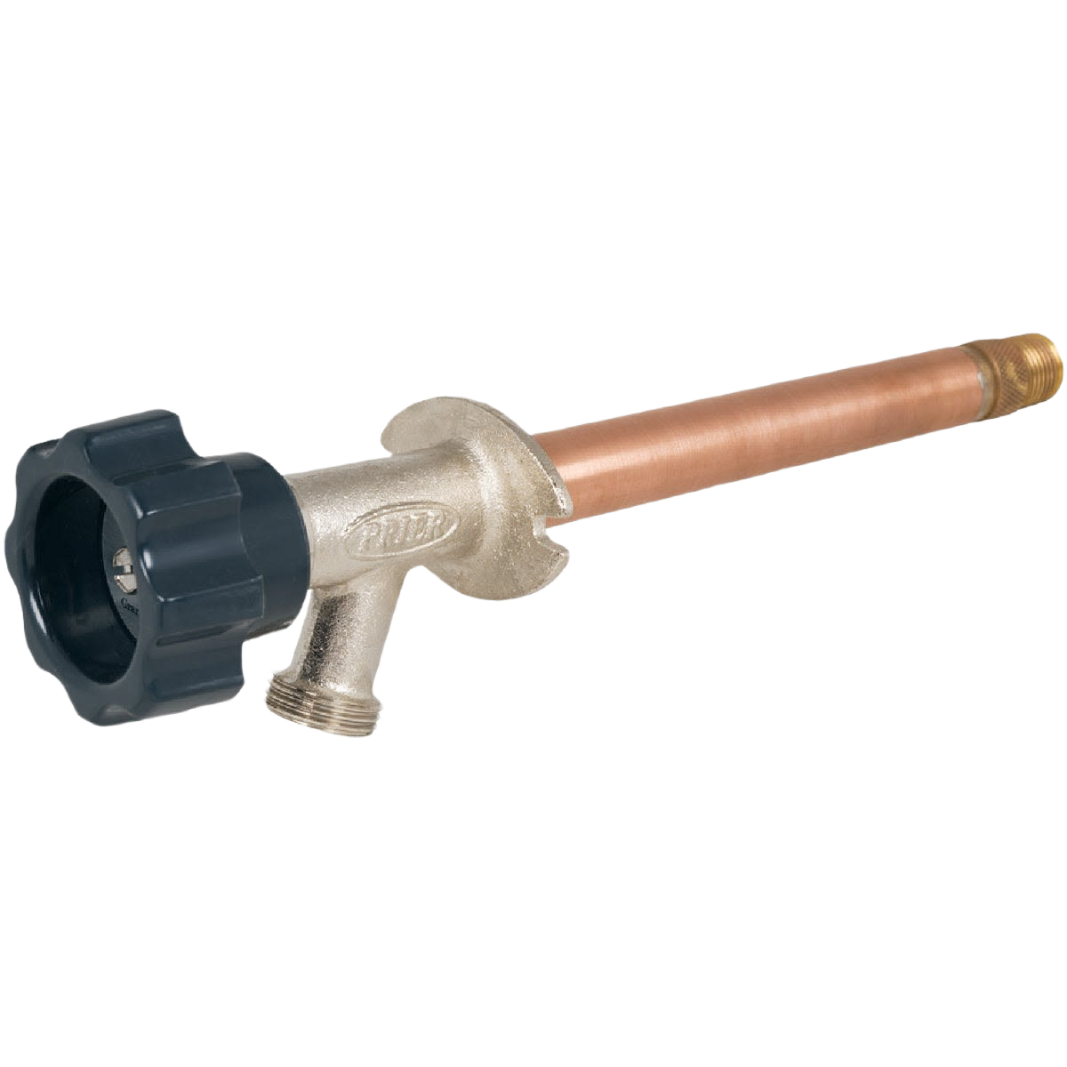 Frost free wall hydrant with copper pipe and black plastic handle for plumbing and home improvement projects