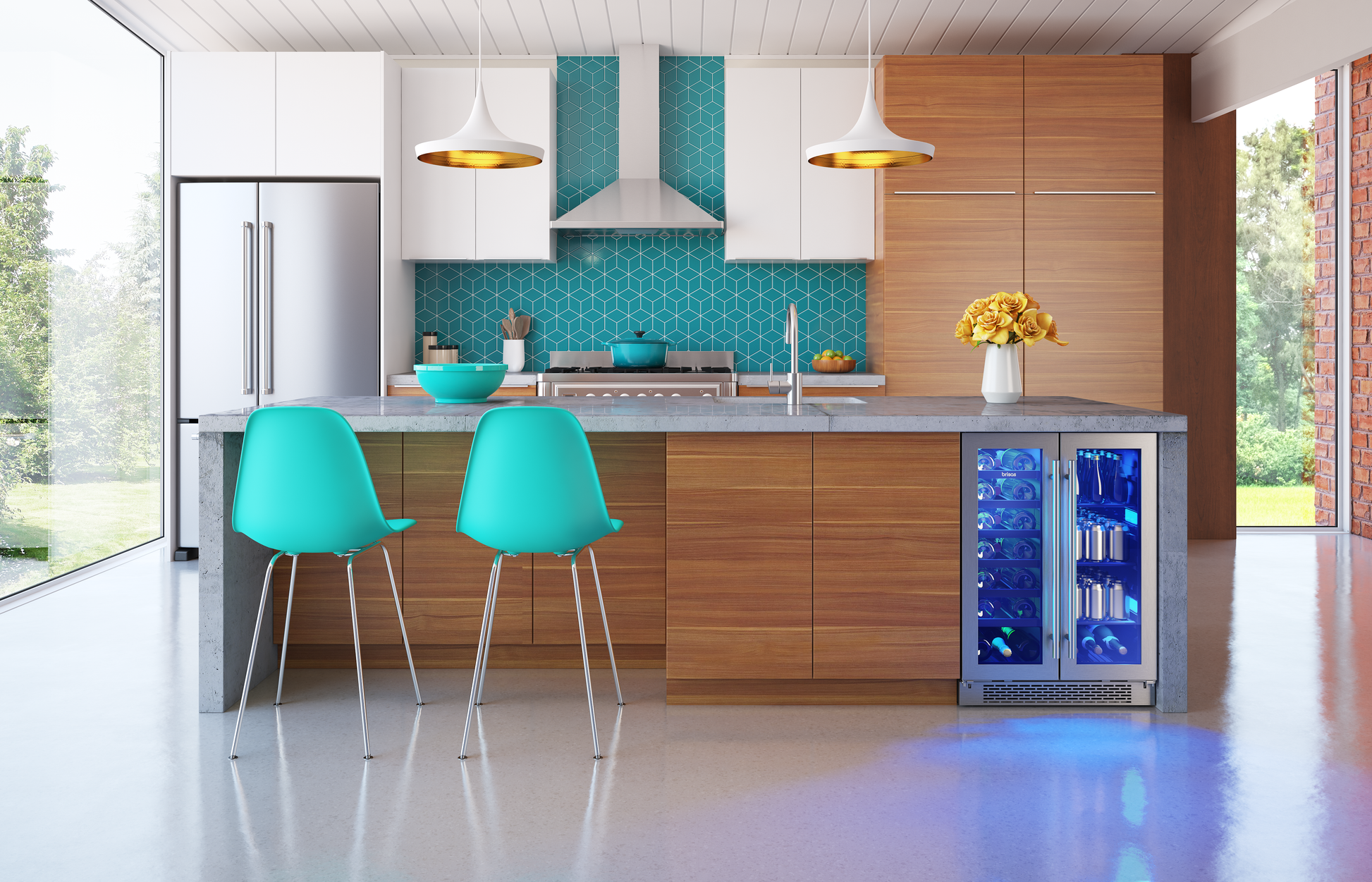 Modern kitchen with wood cabinetry, turquoise tile backsplash, a stainless steel range hood, and a built-in dual zone beverage cooler in the island, part of Refrigerators, Kitchen & Kitchenware, Beverage Centers, All Products, and Appliances collections.