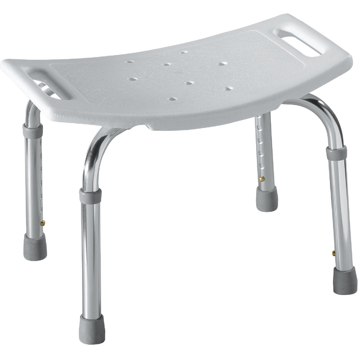 Adjustable white plastic shower and tub seat with sturdy chrome legs, designed for bathroom safety and accessibility use