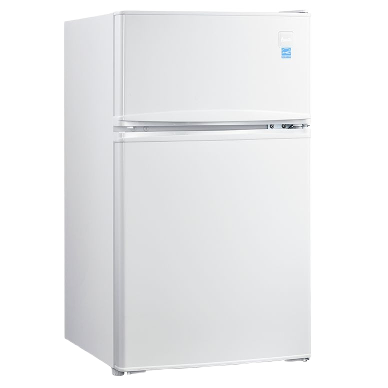 White two-door counterhigh refrigerator with freezer compartment, suitable for kitchen and appliance collections