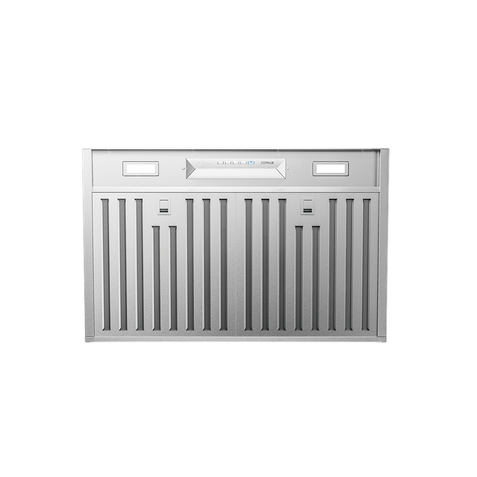 stainless steel insert range hood with hybrid baffle filters and LED lights for kitchen ventilation and home improvement
