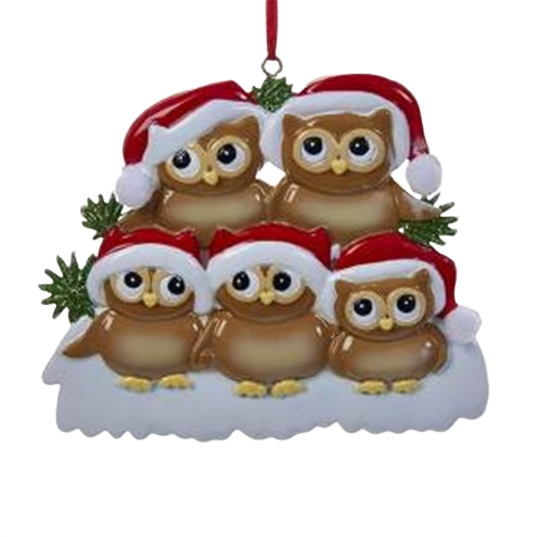 Glossy ceramic owl family of five wearing red Santa hats on snowy base holiday ornament