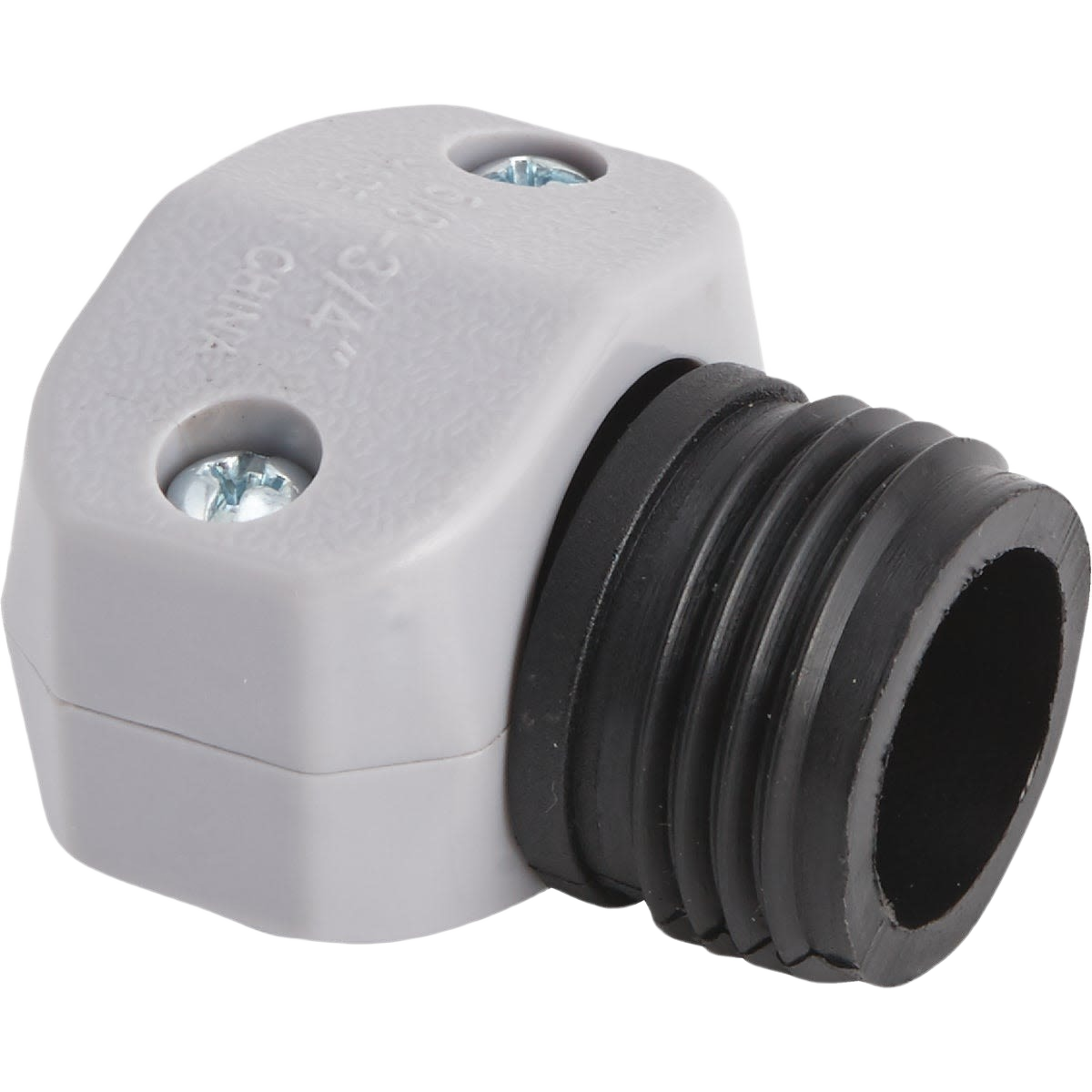 Compact male poly hose end mender with gray body and black threaded coupling for watering and irrigation tasks