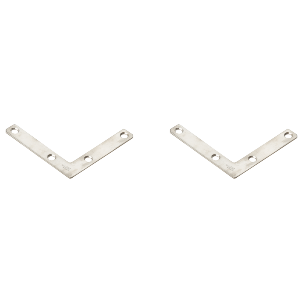 Pair of stainless steel flat corner braces with pre-drilled holes for reinforcement in building hardware and lumber materials collections