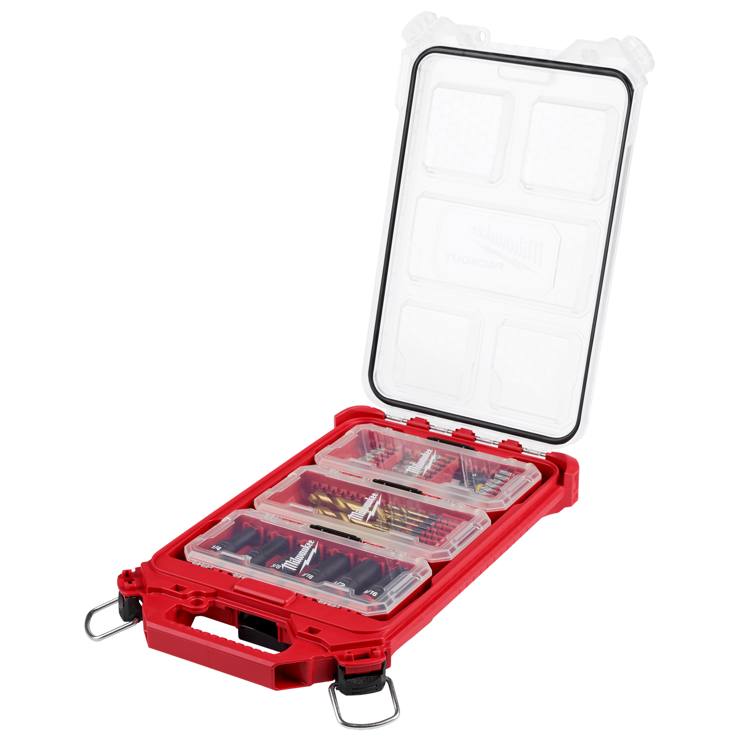 Red durable Milwaukee PACKOUT™ case with organized compartments holding a versatile 60-piece SHOCKWAVE™ Impact Duty drill, drive, and fasten bit set, ideal for woodworking and home improvement tool accessories at Hartville Hardware.