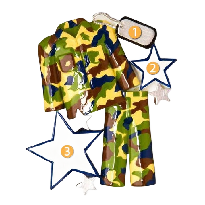 Personalized camo fatigues ornament with customizable dog tag detail for Christmas Ornaments & Tree Decorations under $50 collection