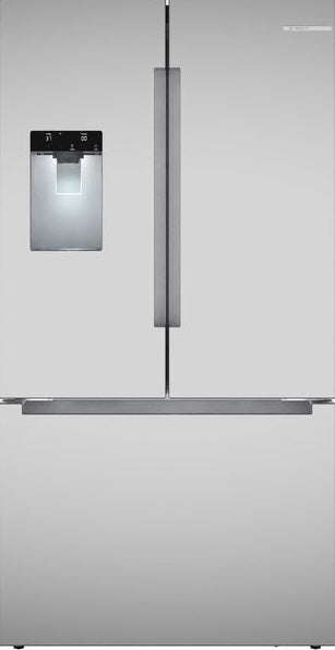 Stainless steel French door refrigerator with water dispenser and bottom freezer in Bosch appliances collection