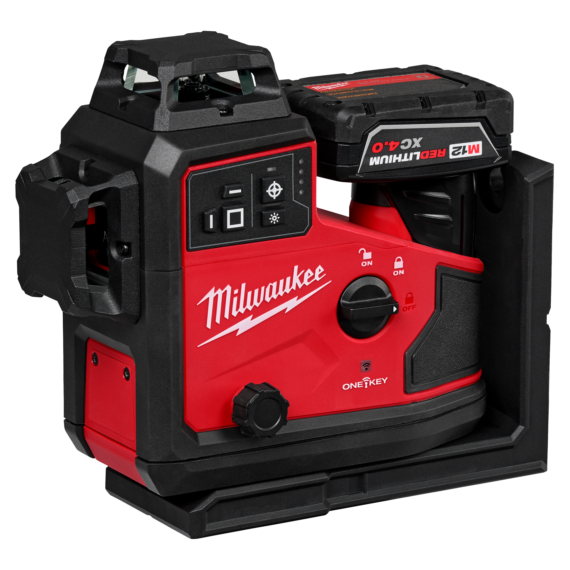Compact red and black Milwaukee laser level with 360-degree green laser and automatic alignment for tools and home improvement