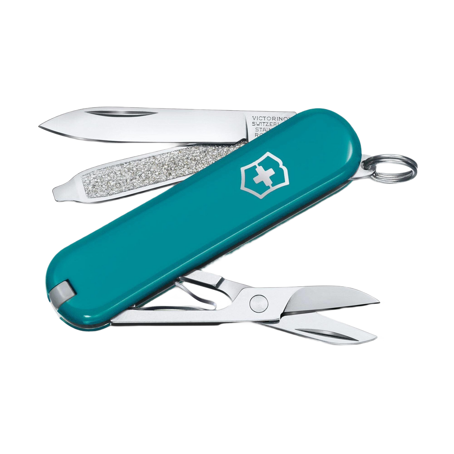 Compact teal Swiss Army pocket knife with blade, nail file, scissors, and keyring for multitool and home improvement use under $50
