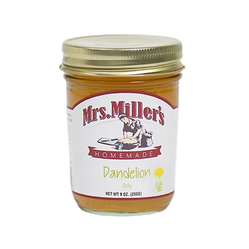 9 oz jar of Mrs. Miller's dandelion jelly with gold lid in jams and jellies collection under fifty dollars