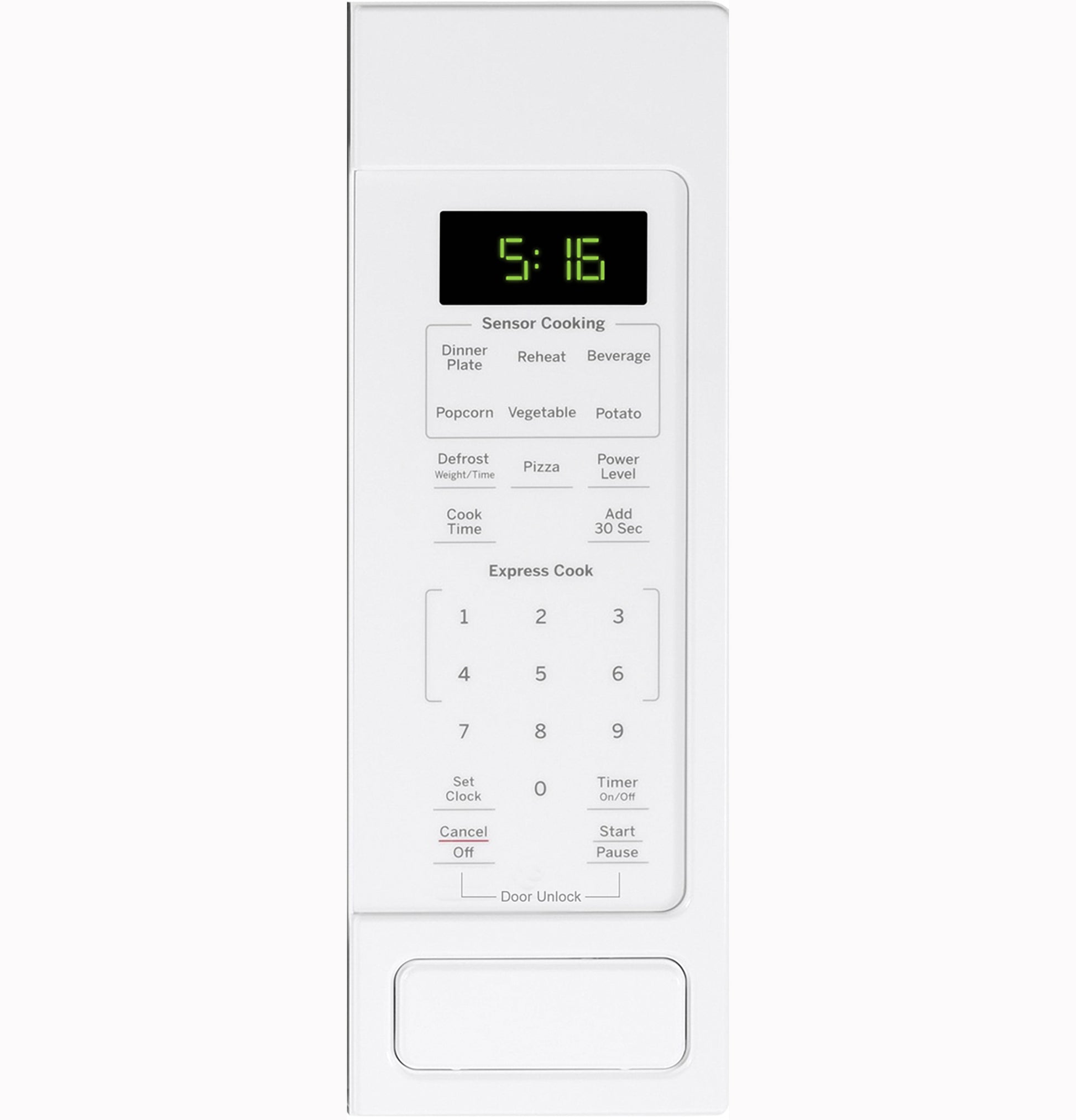 Control panel of white GE countertop microwave oven with digital clock and sensor cooking buttons from appliances collection