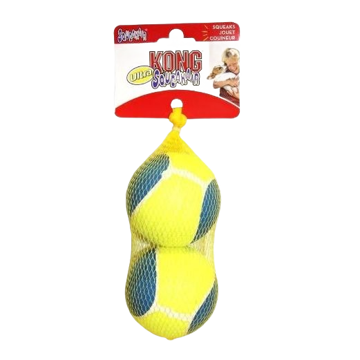Two yellow and blue squeaky pet balls in mesh packaging with branded label for pet play and toys
