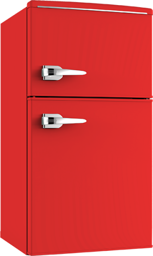 Red retro-style compact refrigerator with two doors and chrome handles in mini refrigerators collection