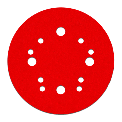 Red 5-inch sanding disc with multiple holes designed for hook and lock sanders in home improvement projects
