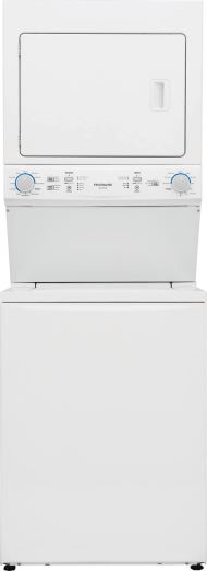 White stacked washer and electric dryer laundry center with control dials on the dryer, part of appliance laundry centers at Hartville Hardware.