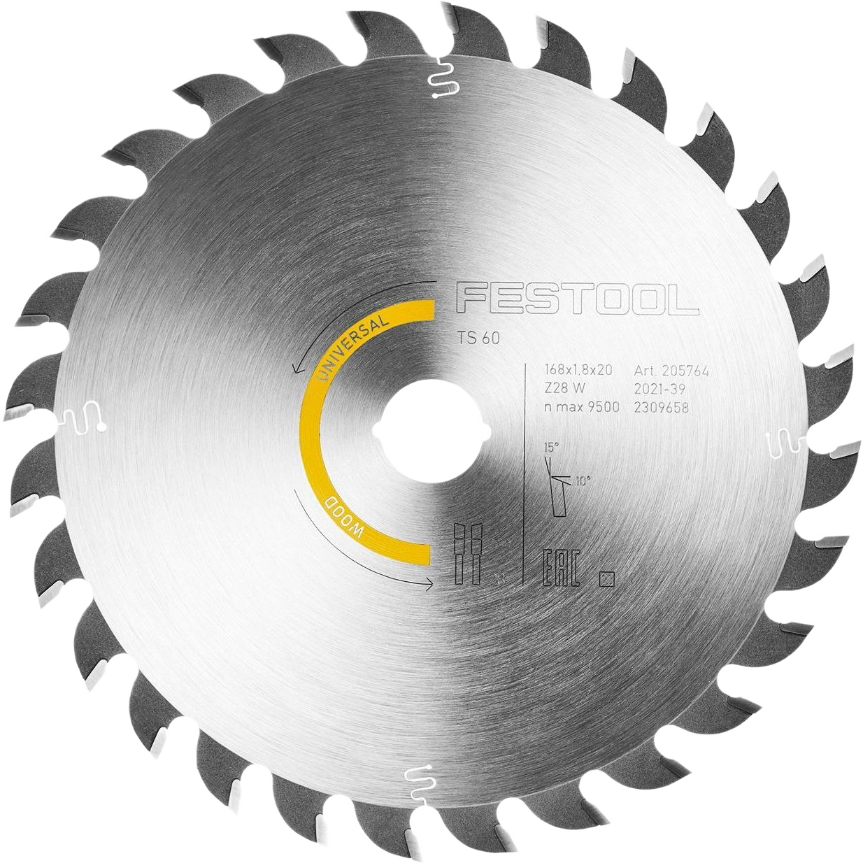 Circular saw blade with evenly spaced teeth and yellow accent ring for wood cutting in home improvement tasks