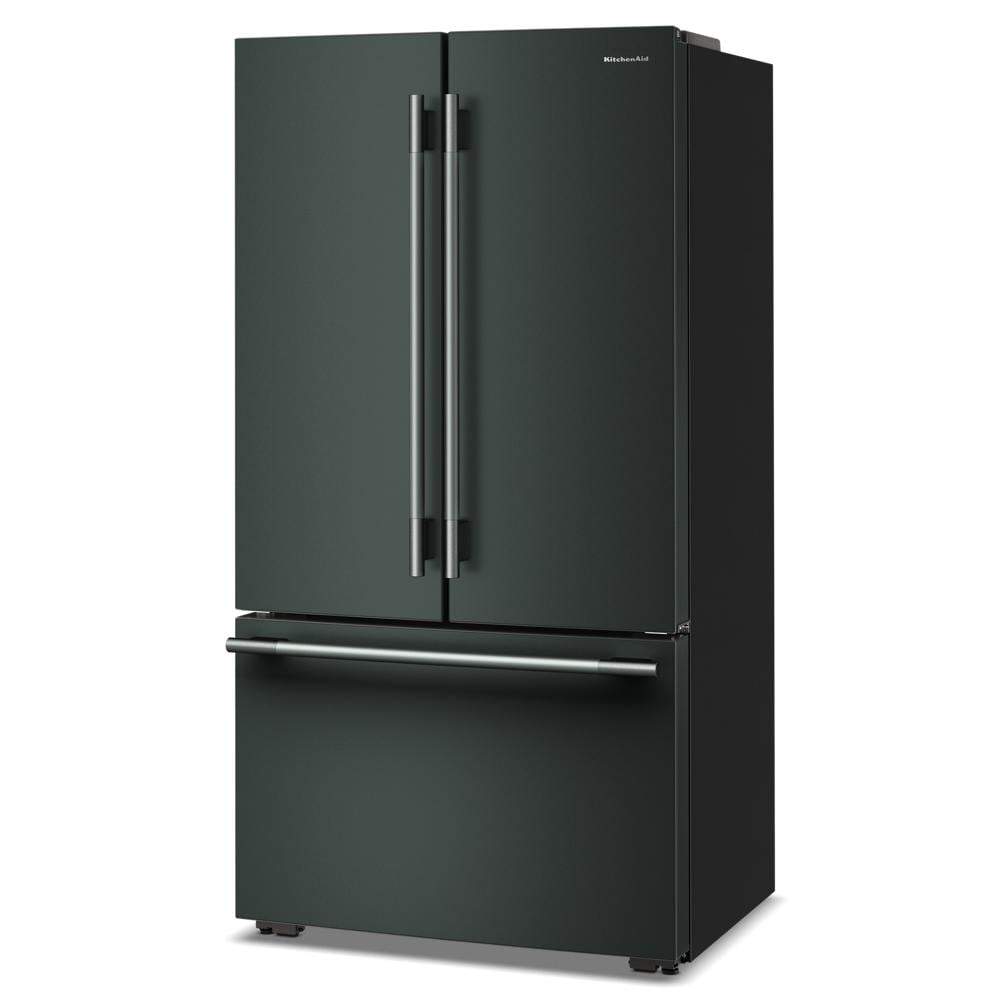 Counter-depth French door refrigerator in dark finish with bottom freezer and sleek stainless steel handles from KitchenAid appliances.