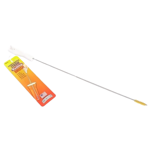 Long thin cleaning brush with yellow bristles and labeled tag for sports bottle straw cleaning in cleaning tools collection