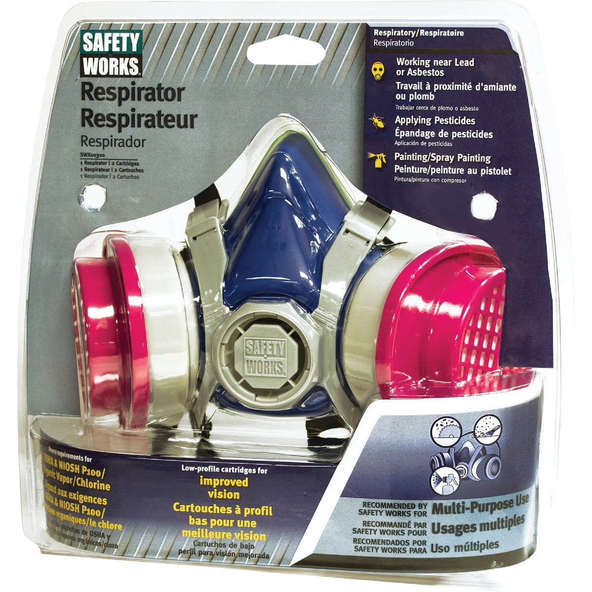 Respirator mask with pink acid gas and organic vapor cartridges for safety gear and home improvement use