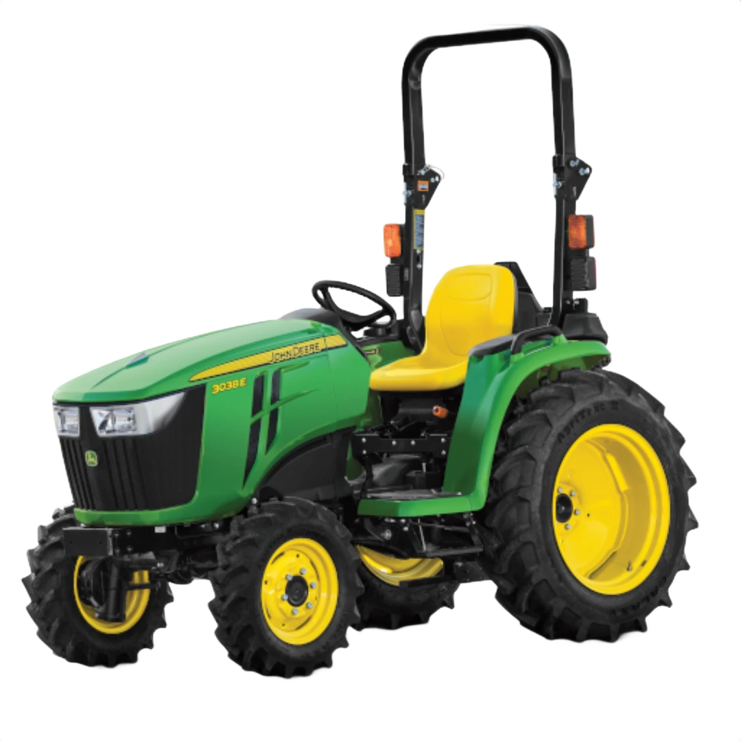 Compact green and yellow utility tractor with rollover protection and rugged tires for agricultural and home improvement tasks