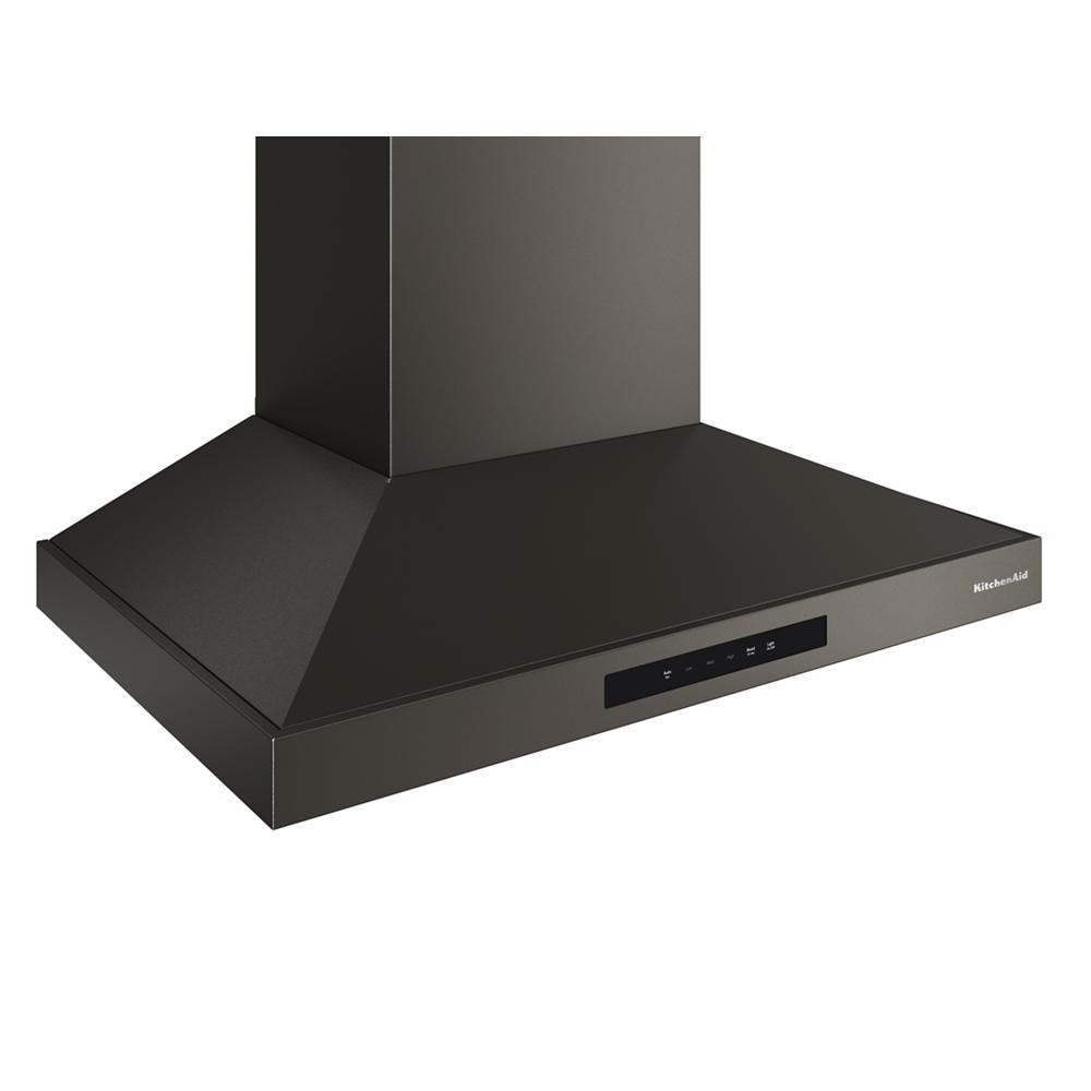 Matte black wall-mount canopy hood with touch controls, part of KitchenAid range hoods and kitchen appliances.