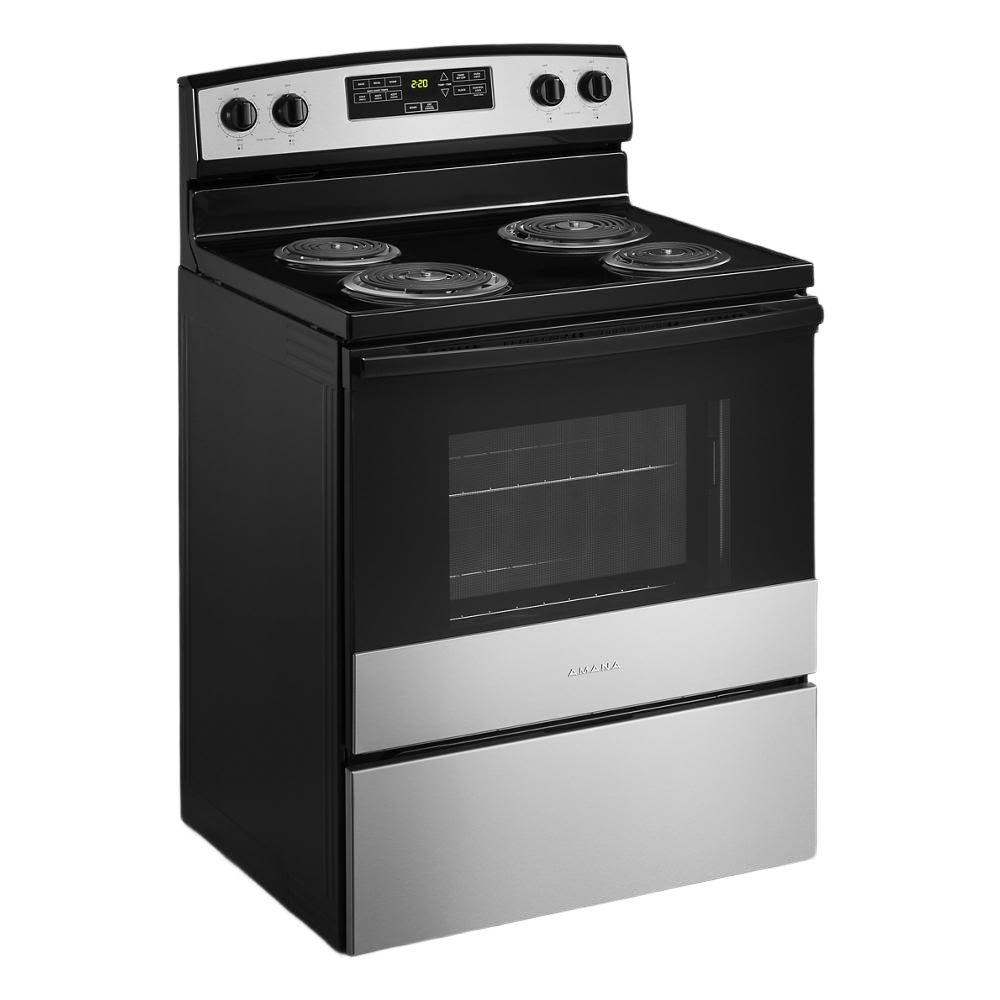 30-inch Amana electric range with four coil burners, digital controls, and stainless steel accents in kitchen appliances collection
