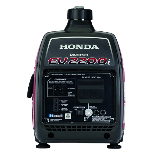 Black and red Honda EU2200i inverter generator with control panel, AC output, and Bluetooth capability, featured in outdoor power and rental equipment at Hartville Hardware.