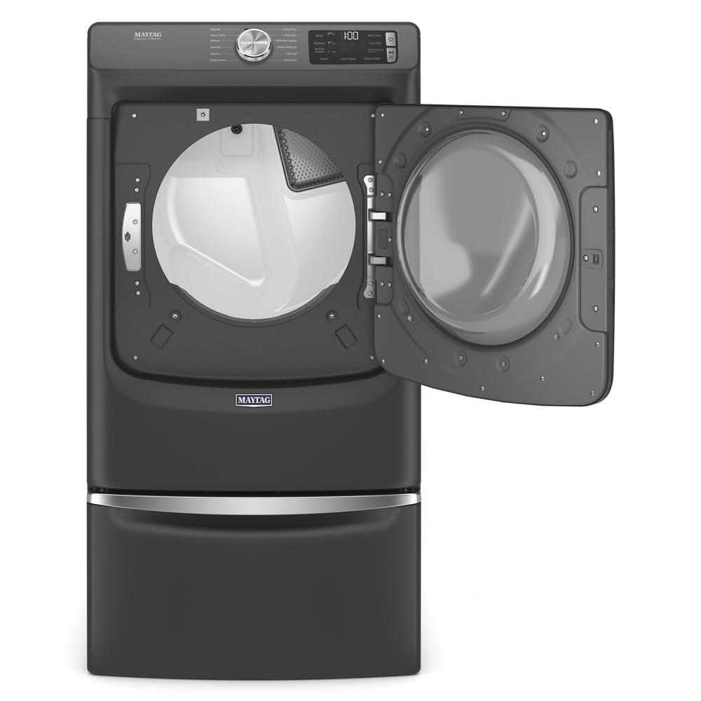 Front load gas dryer in dark gray with open door, digital controls, and extra power quick dry cycle in gas dryers collection