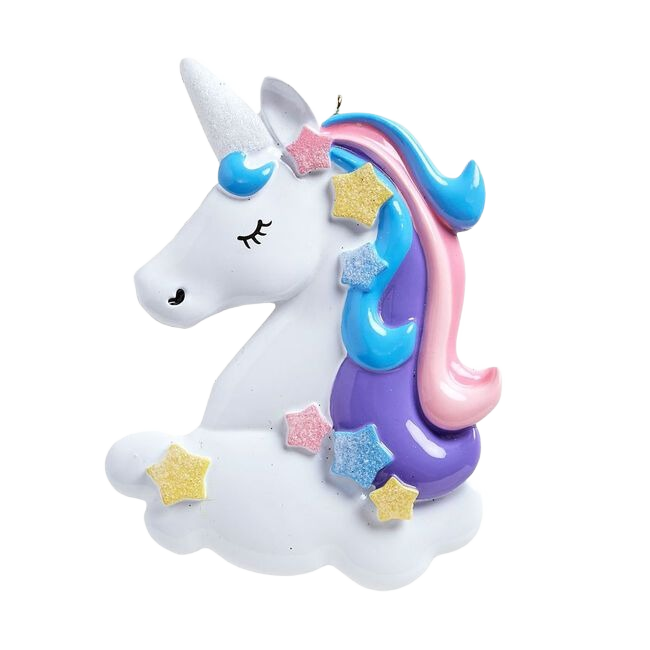 White unicorn ornament with colorful pastel mane and glittering stars in Christmas Ornaments & Tree Decorations collection