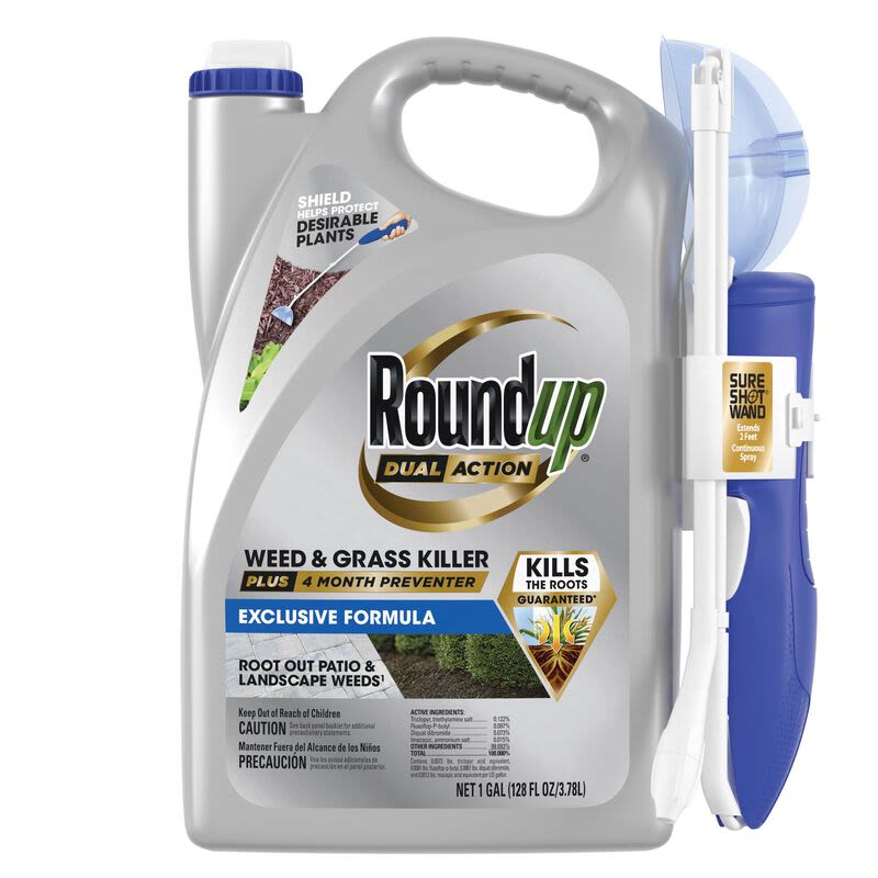 1-gallon container of Roundup Dual Action weed and grass killer with attached Sure Shot Wand for home use