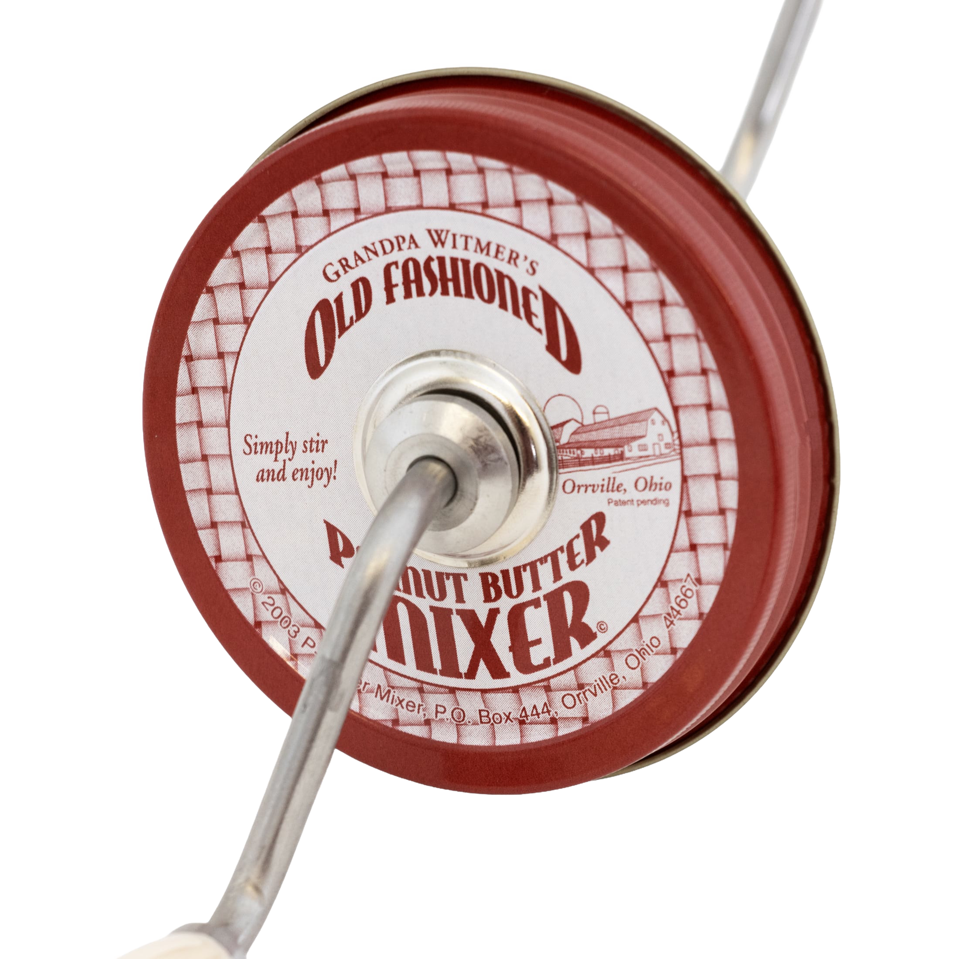 Vintage style peanut butter stirrer with metal crank and red circular body in Kitchenware and Cooking Utensils under $50 collections
