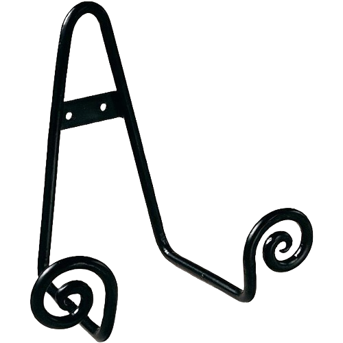 Small black metal scroll rack stand for displaying plates and decorative items in home accents collection.