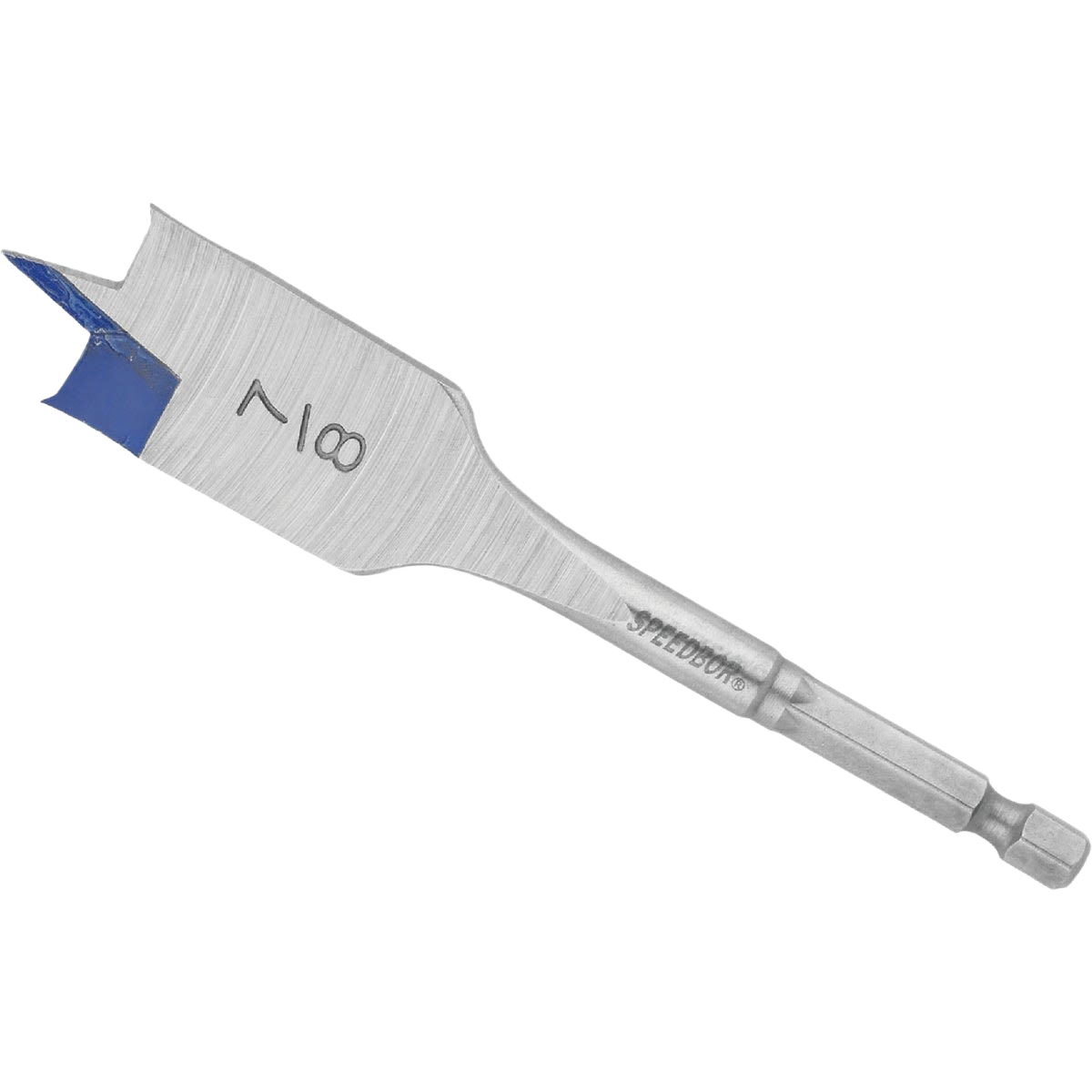 Silver metal spade bit with sharp blue tip designed for wood drilling in tools and home improvement projects