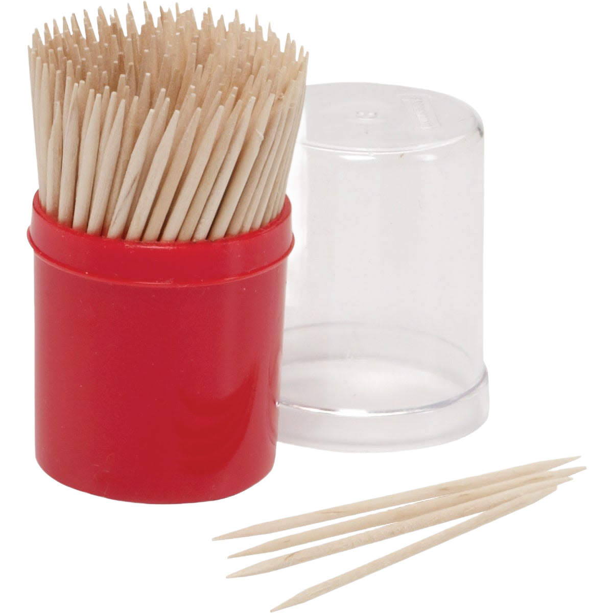 Compact red plastic toothpick dispenser with clear lid for hygienic oral care in kitchenware and health collections under $50