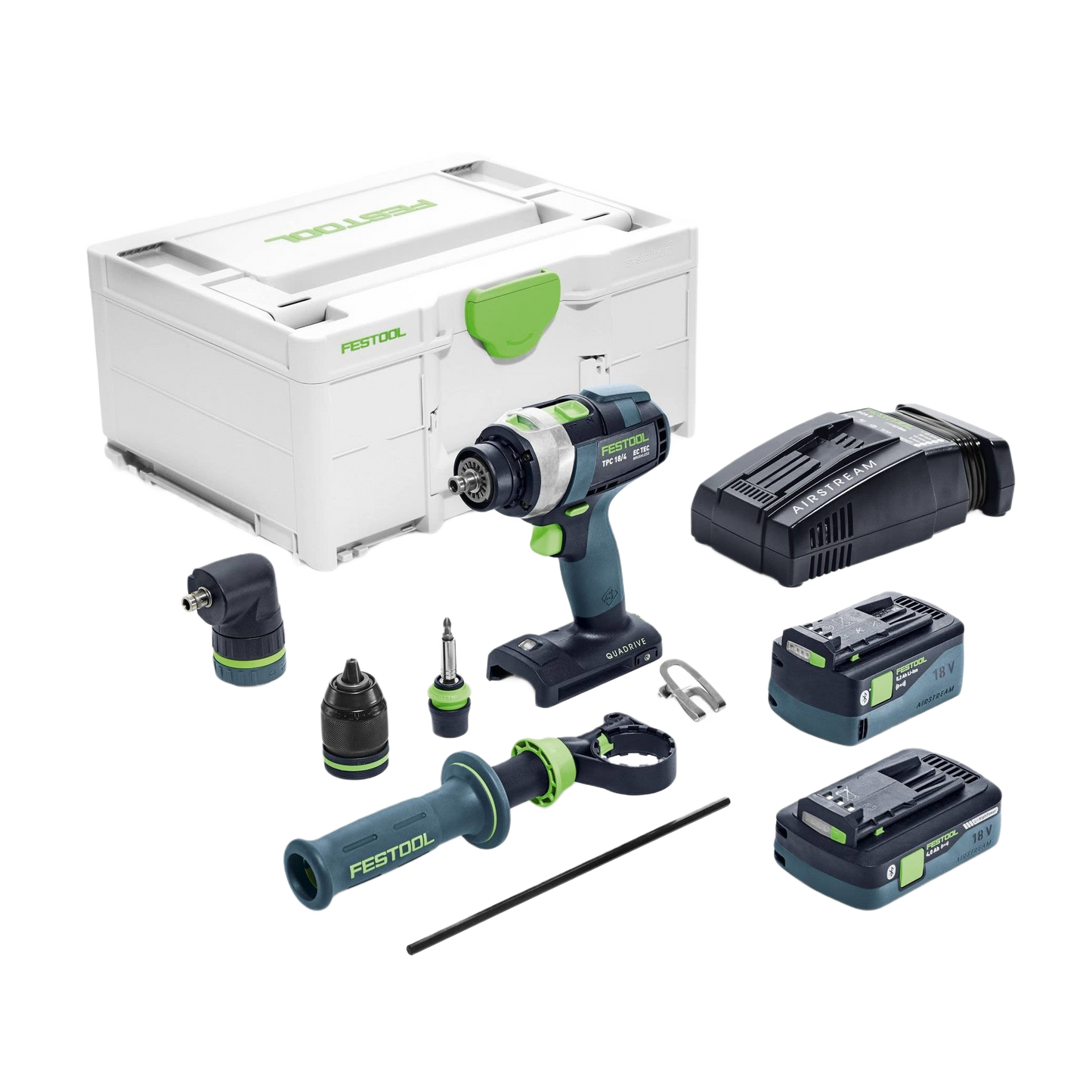 Cordless hammer drill kit with two batteries, charger, side handle, and accessories neatly organized for home improvement tasks
