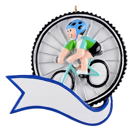 Boy wearing blue helmet riding bike inside tire frame with blue-bordered banner in Christmas Ornaments & Tree Decorations collection
