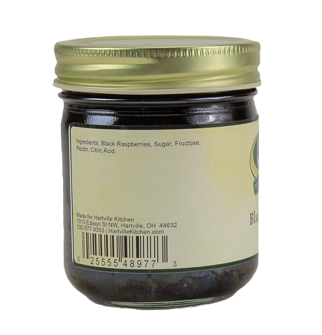 Back label showing ingredients and barcode on Hartville Kitchen black raspberry jam jar in Jams & Jellies collection