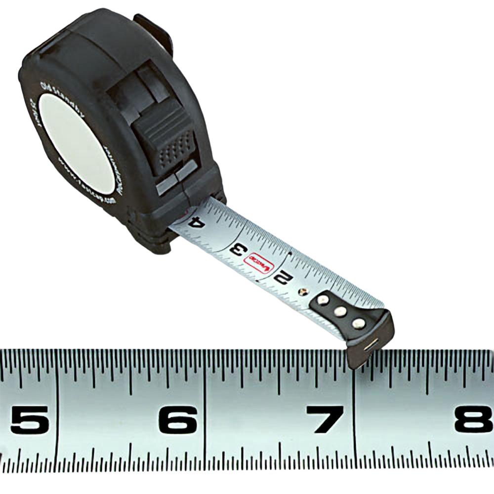 Compact black measuring tape with extended metal blade marked in inches for woodworking and hand tools collections