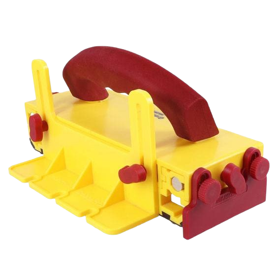 Yellow and red multi-purpose push block with ergonomic handle for safe precision in home improvement projects