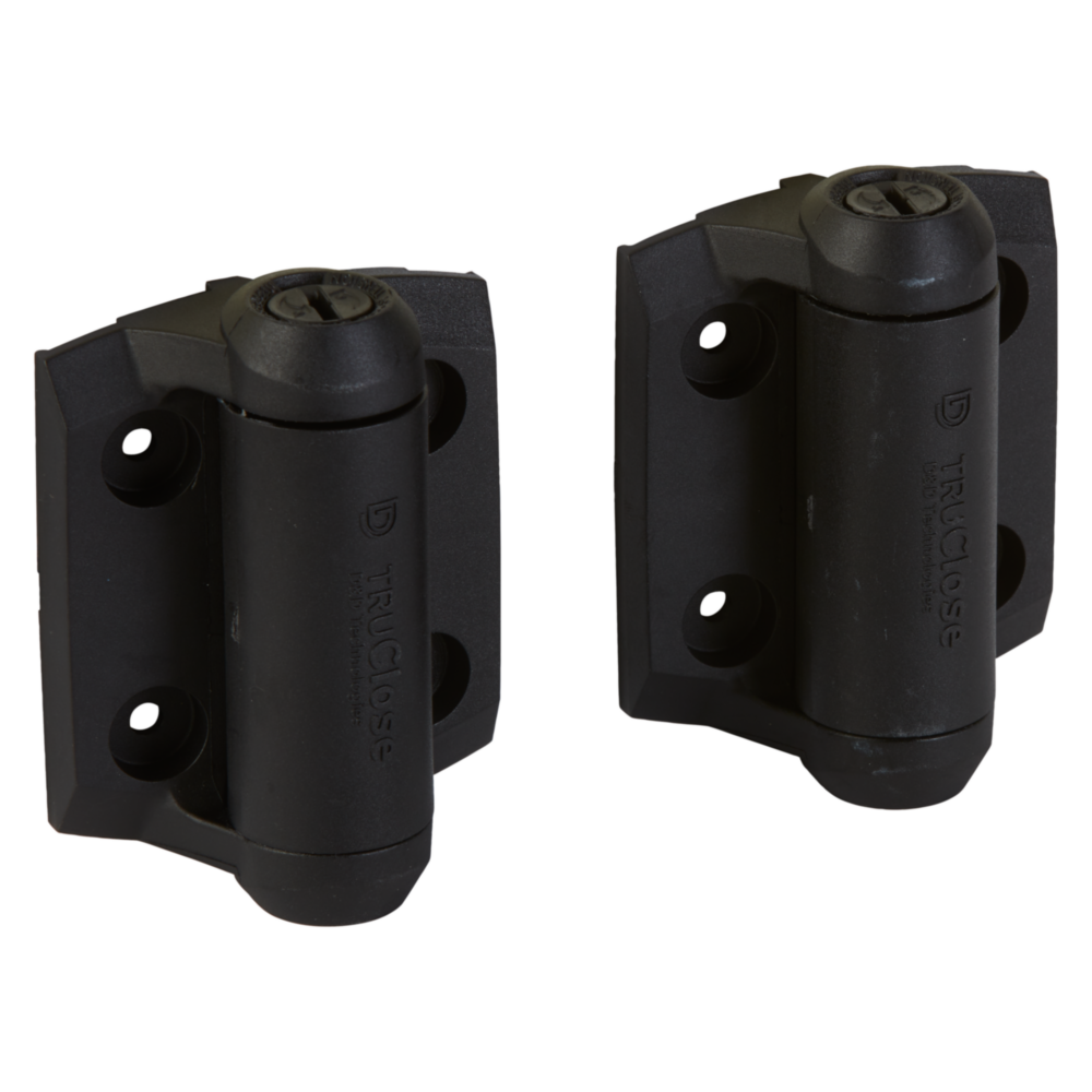 Two black narrow spring hinges with corrosion-resistant polymers for durable gate hardware in home improvement under $100