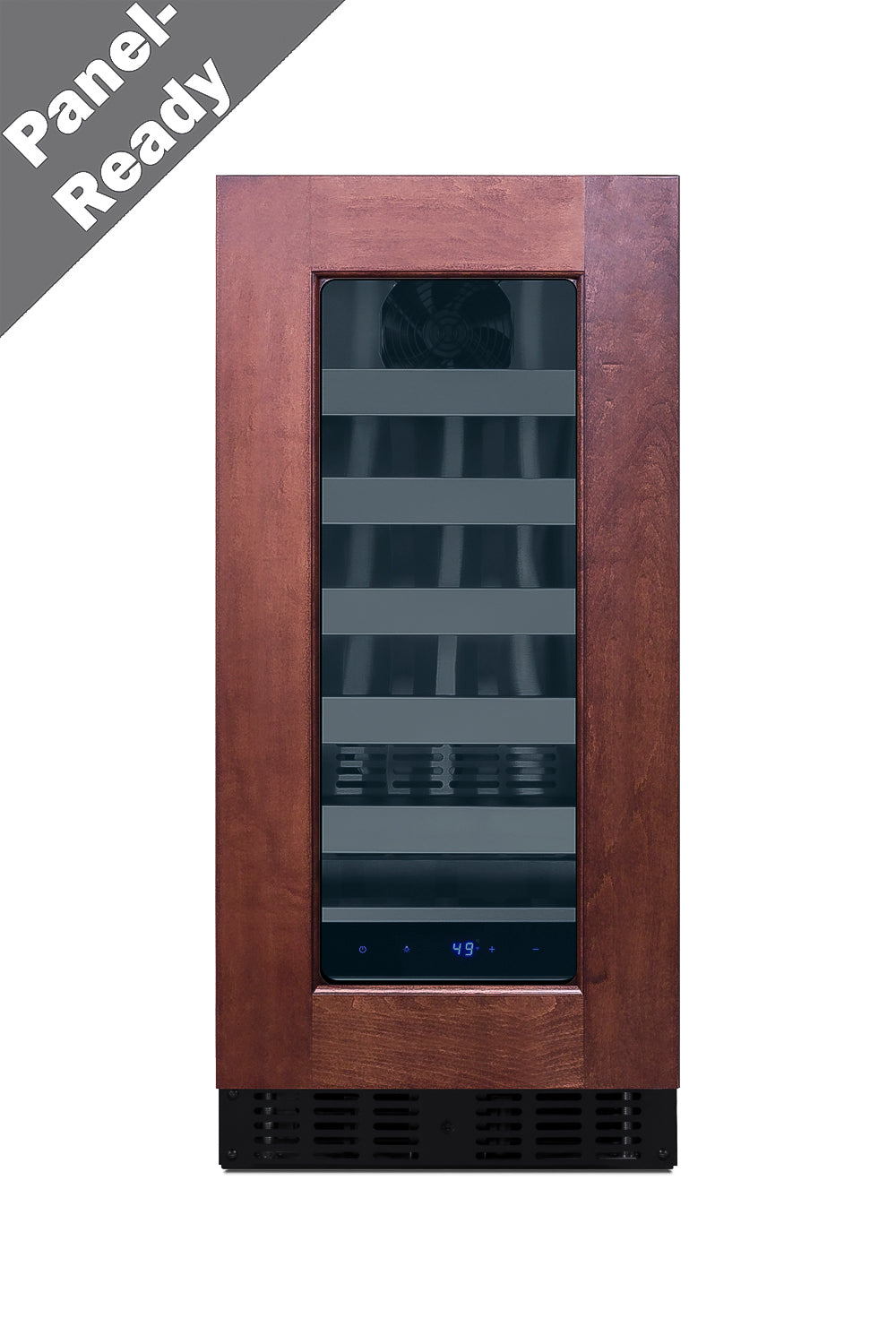 Built-in undercounter wine cellar with wood panel door and digital temperature display in kitchen appliances collection