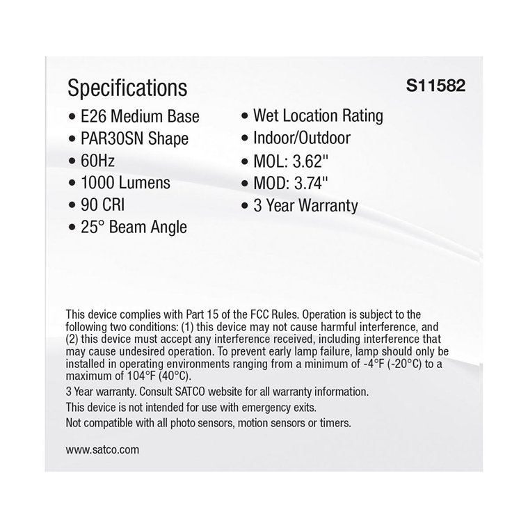 Instruction label detailing E26 medium base PAR30SN bulb specs, indoor/outdoor use, wet location rating, and warranty info