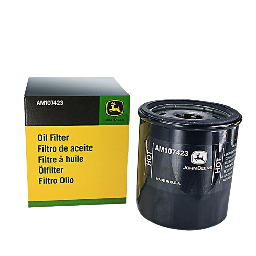 John Deere oil filter and yellow packaging box designed for parts and lubricants in home improvement tools collection