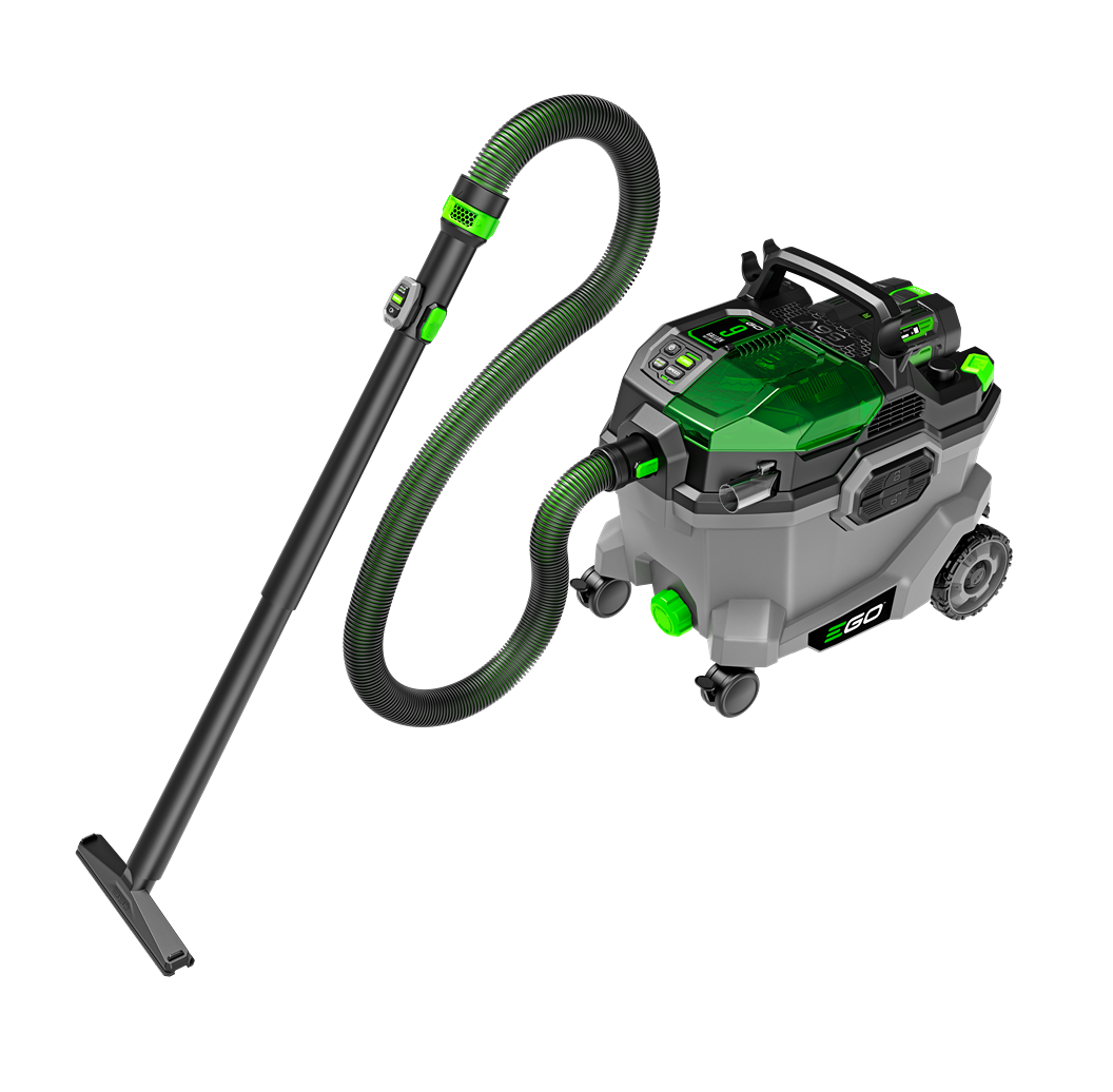 Gray and green portable wet and dry vacuum with hose and wheels, designed for tools and home improvement use