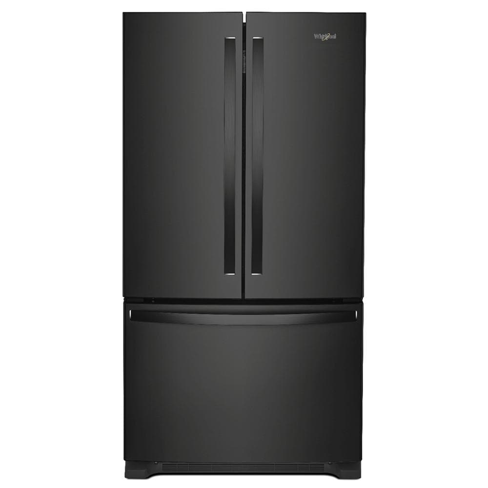 Black French door refrigerator with bottom freezer drawer, sleek handles, part of Refrigerators and Appliances collections