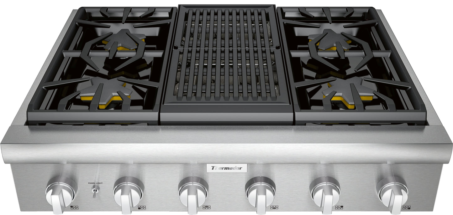 36-inch stainless steel gas rangetop with Star Burner, porcelain maintop, and six control knobs from Cooktops collection