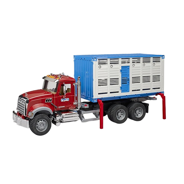 Red and blue Bruder toy Mack Granite truck with detachable livestock trailer for realistic cattle transport play